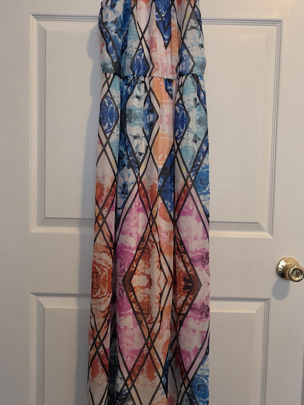 Lily Rose Multicolor Floral-Stripe Sleeveless Dress with Blue Trim